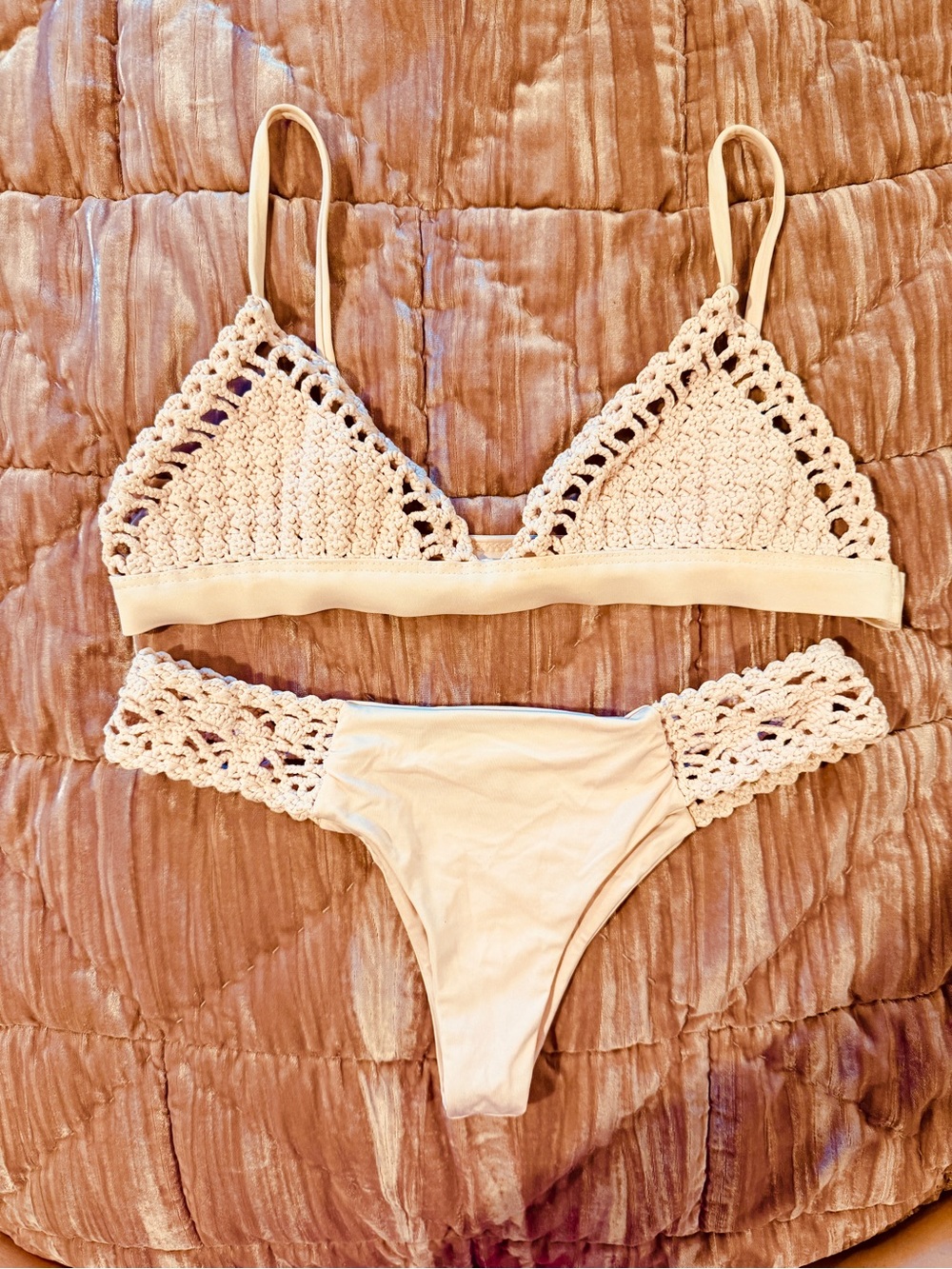 Frankie's Bikinis Light Pink macrame crochet triangle bralette bikini